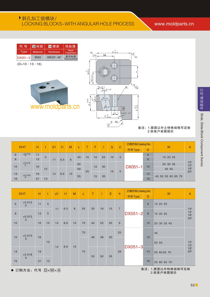 東莞大翔模具配件有限公司專業生產斜孔加工鎖模塊，斜孔加工鎖模塊的材質、熱處理、硬度、標準、型號等詳情說明和介紹，您可以通過本頁面下單留言或者發送詢/報價
