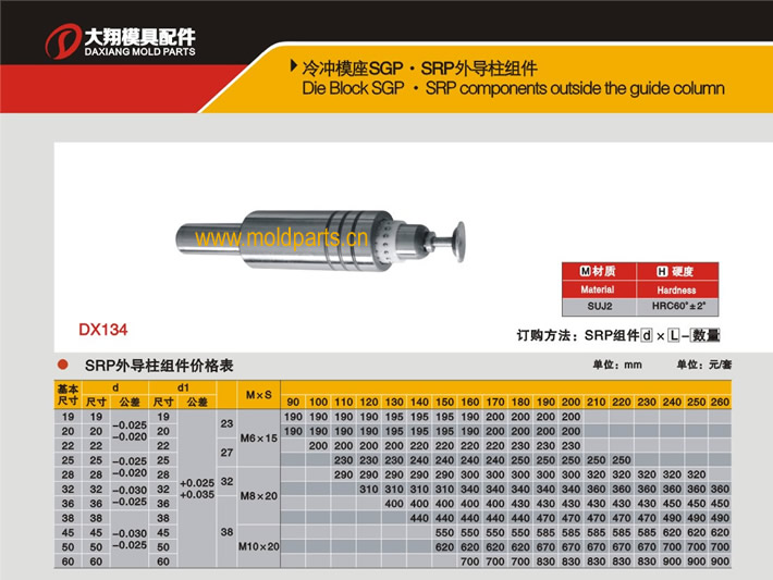 東莞大翔模具配件有限公司專業生產冷沖模SRP外導柱組件，冷沖模SRP外導柱組件的材質、熱處理、硬度、標準、型號等詳情說明和介紹，您可以通過本頁面下單留言或者發送詢/報價