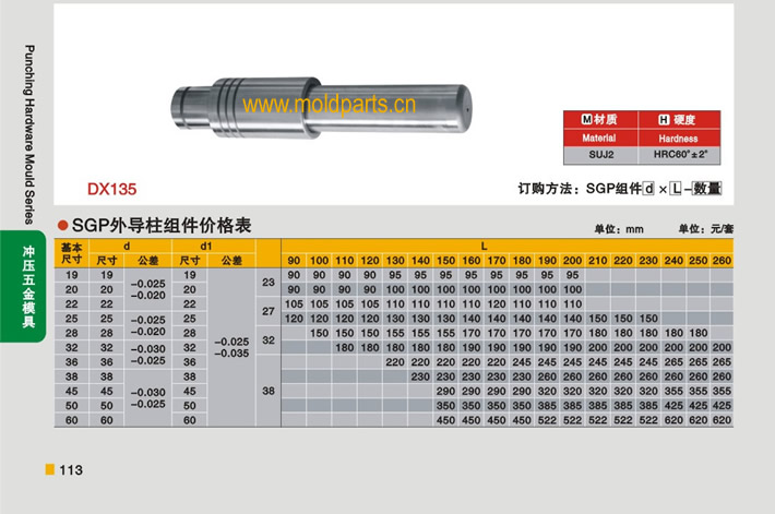 東莞大翔模具配件有限公司專業生產冷沖模SGP外導柱組件，冷沖模SGP外導柱組件的材質、熱處理、硬度、標準、型號等詳情說明和介紹，您可以通過本頁面下單留言或者發送詢/報價